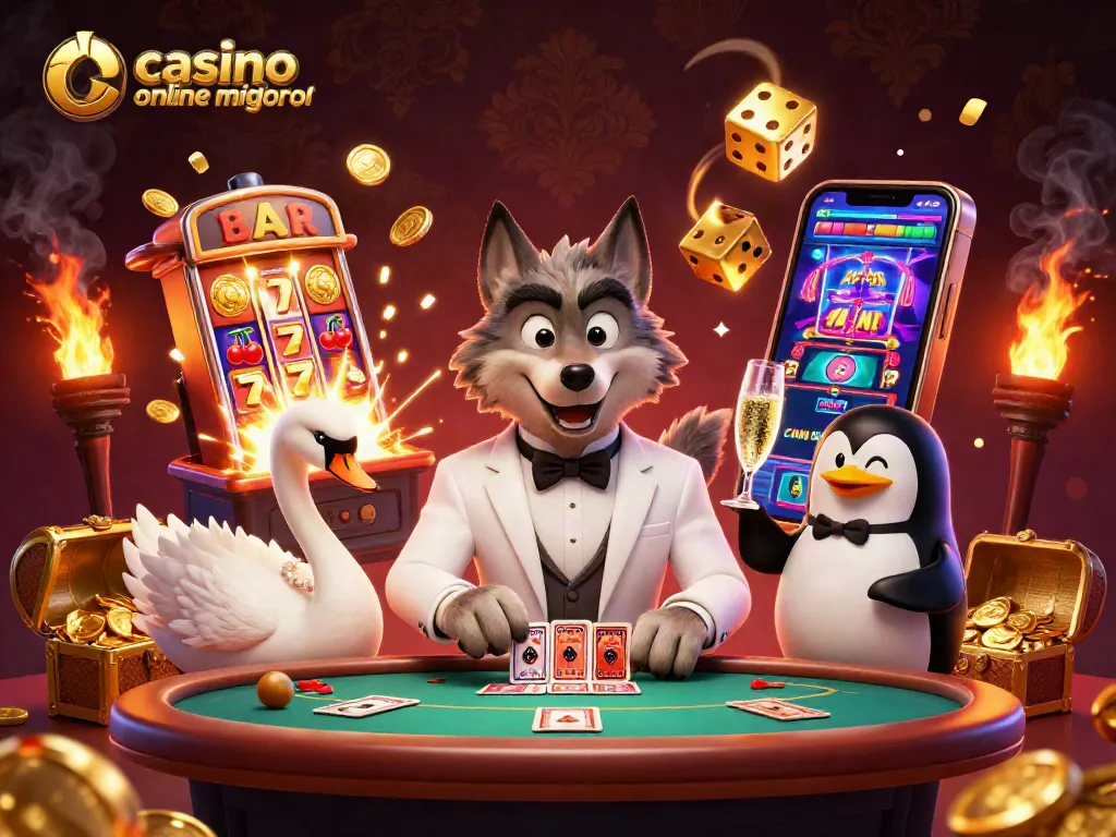 Cattura di un momento emozionante nei casino online migliori, con un lupo elegante al tavolo di baccarat, circondato da simboli e vincite entusiasmanti.