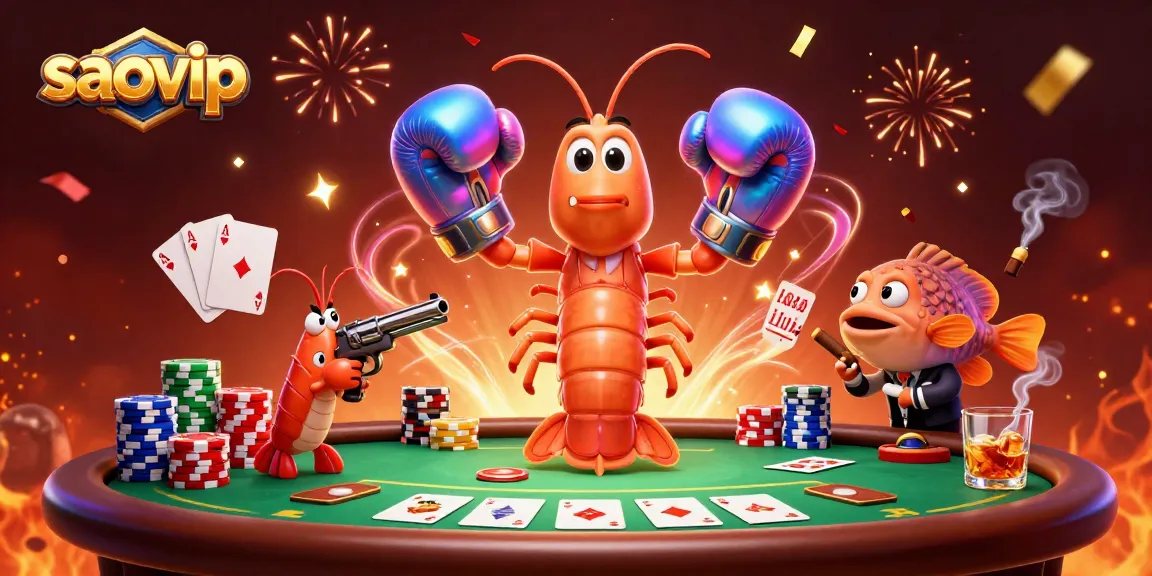 Experience thrilling poker action with saovip's iridescent mantis shrimp in a vibrant casino scene.