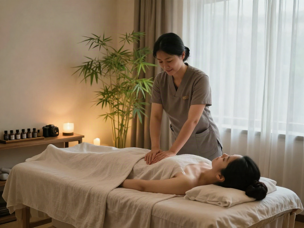 A soothing 화성출장안마 scene with a therapist offering a traditional massage in a serene spa setting.