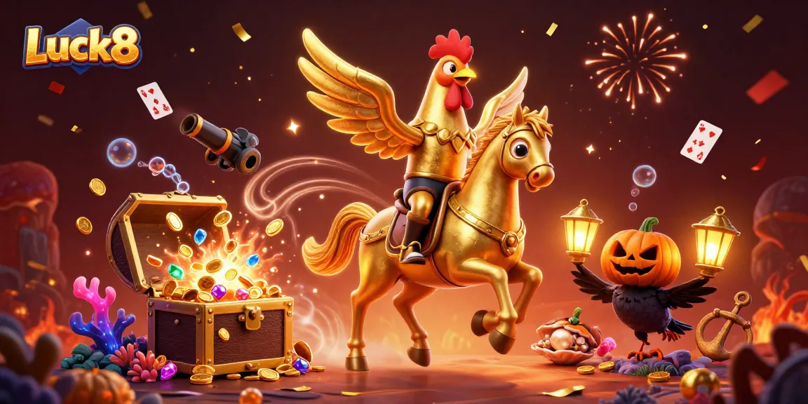 Experience Luck8 in a vibrant casino scene with magical elements and golden rewards