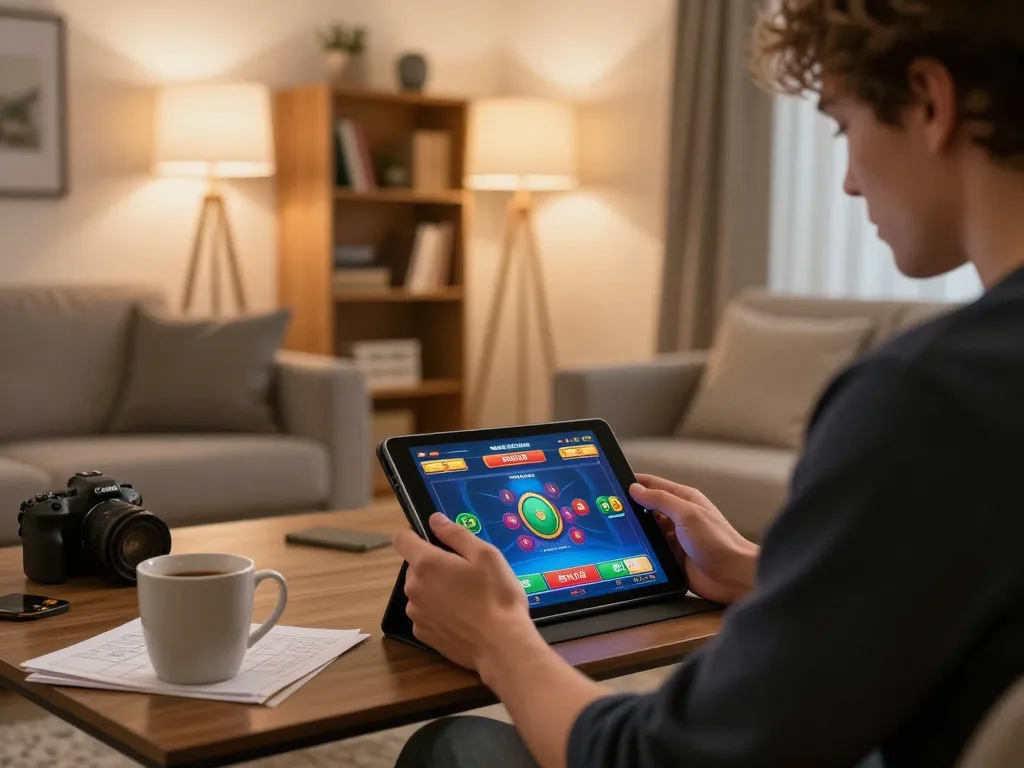 Player engaging with XX88 mobile casino app on a tablet during cozy home gaming session.