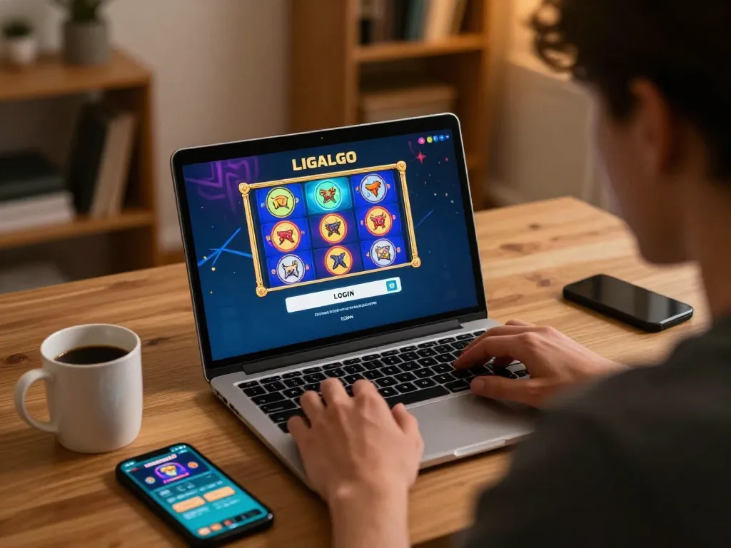 LIGALGO LOGIN screen with a player focused on online slot game strategy in a cozy home setting.