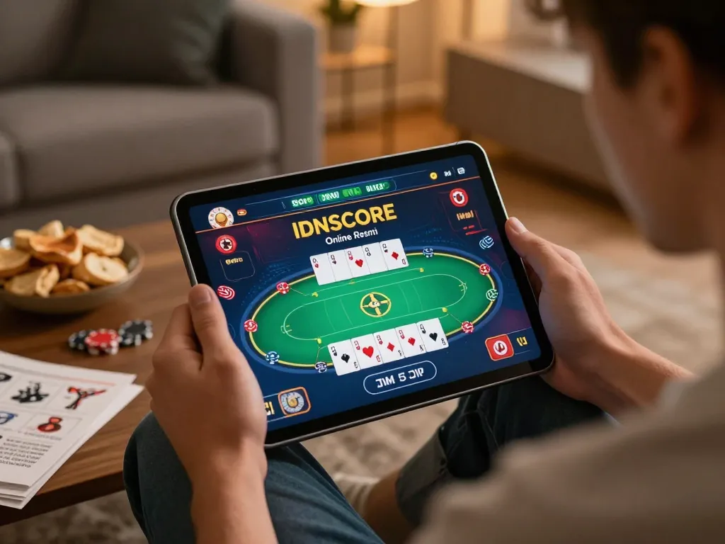 IDNSCORE RESMI gaming experience with a player engaging in a poker game on a tablet at home, surrounded by strategies and snacks.