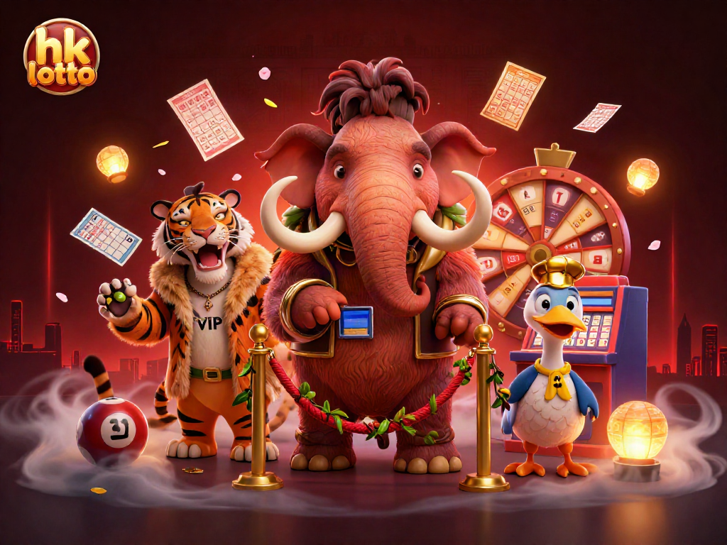 Win big with hk lotto as a woolly mammoth checks IDs at a vibrant lottery casino entrance.