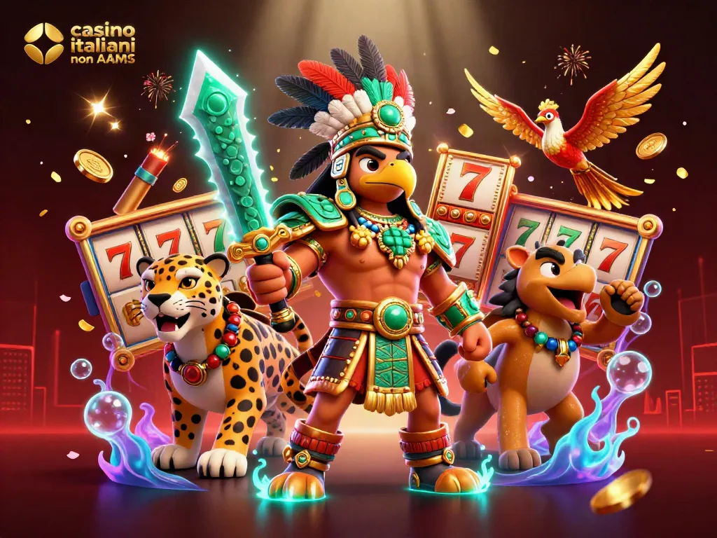 Gioca ai casino italiani non AAMS in un'illustrazione vivace con guerrieri e simboli di fortuna.