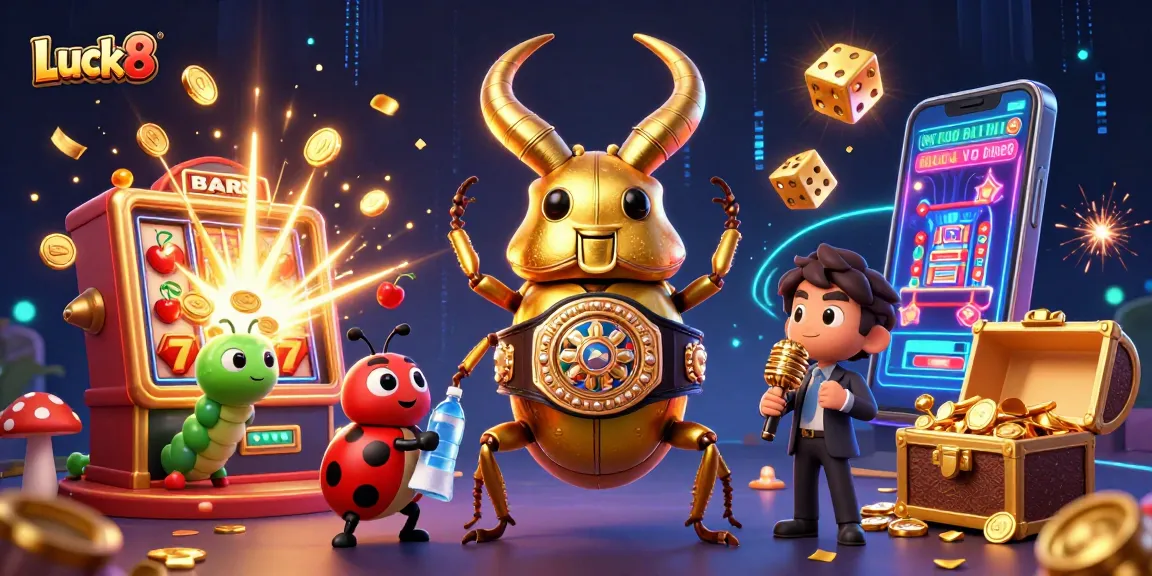 Luck8 unleashes a jackpot explosion surrounded by vibrant casino elements in an exciting scene.