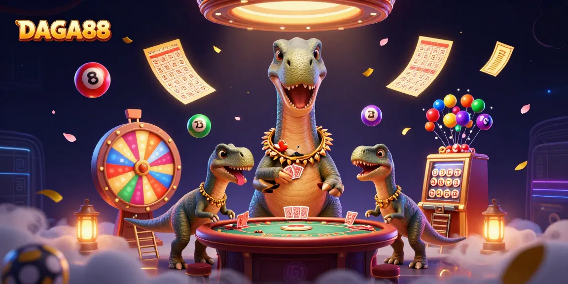 DAGA88 players enjoy thrilling cockfighting action with a towering dinosaur dealer in a lively casino scene.