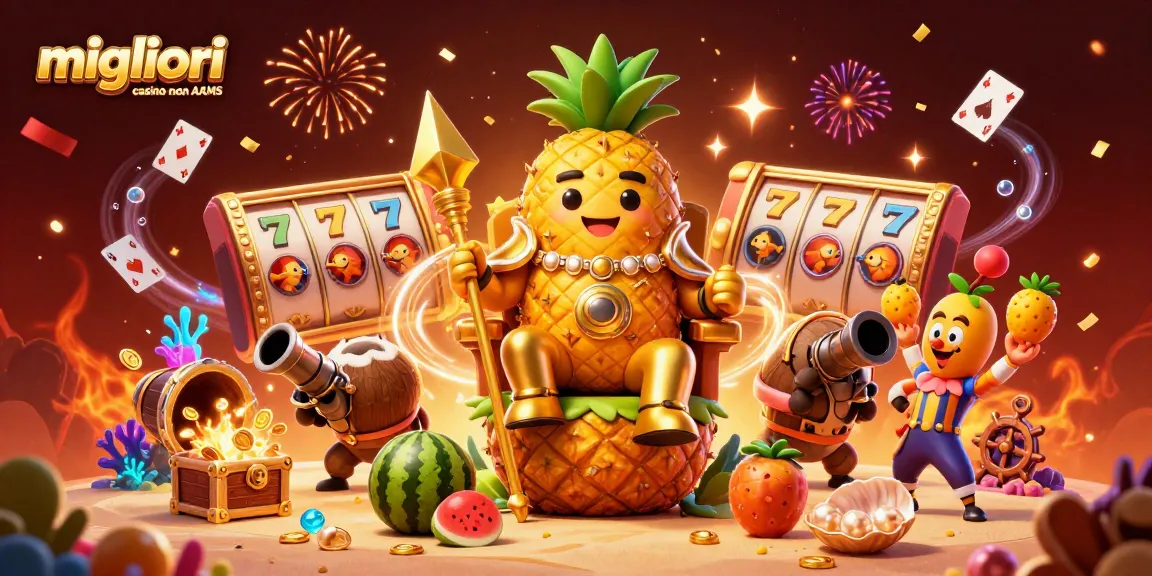 Migliori casino non AAMS, divertente scena di gioco con il re ananas e giocolieri in un ambiente vivace.
