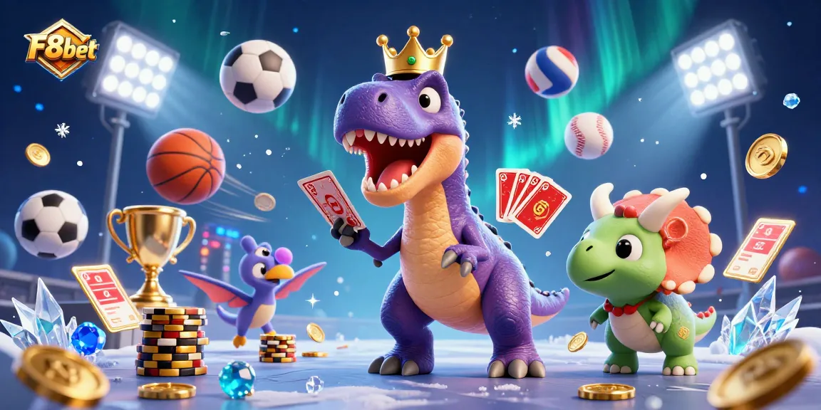 F8bet's exciting gaming world showcases a friendly T-Rex and engaging casino elements for a thrilling experience.