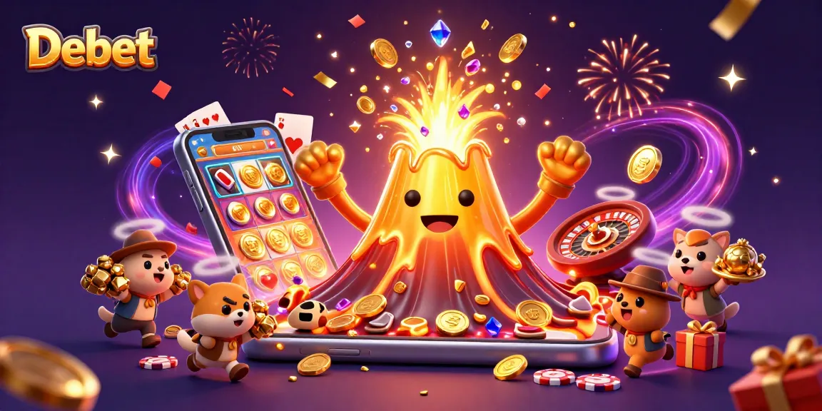 Experience thrilling wins with Debet's vibrant casino scene featuring a golden volcano and treasures!