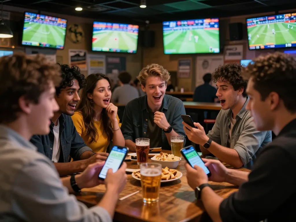 Engaged group of friends using their devices to place bets on 78win during a live sports game.