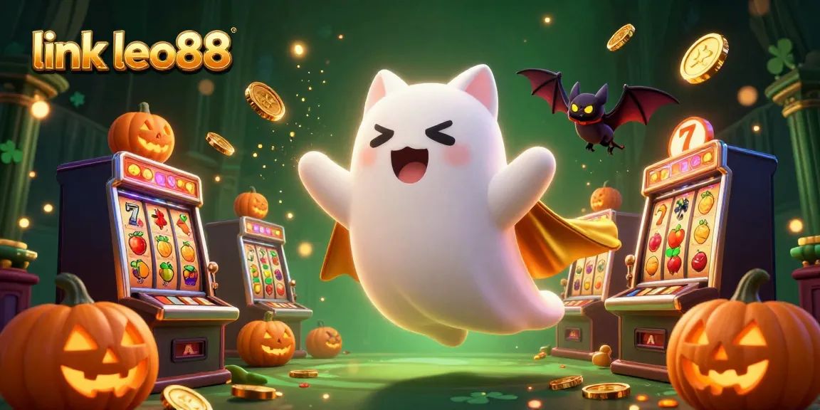 Engage with link leo88 featuring a playful ghost cat in a haunted casino scene with dynamic slot elements.