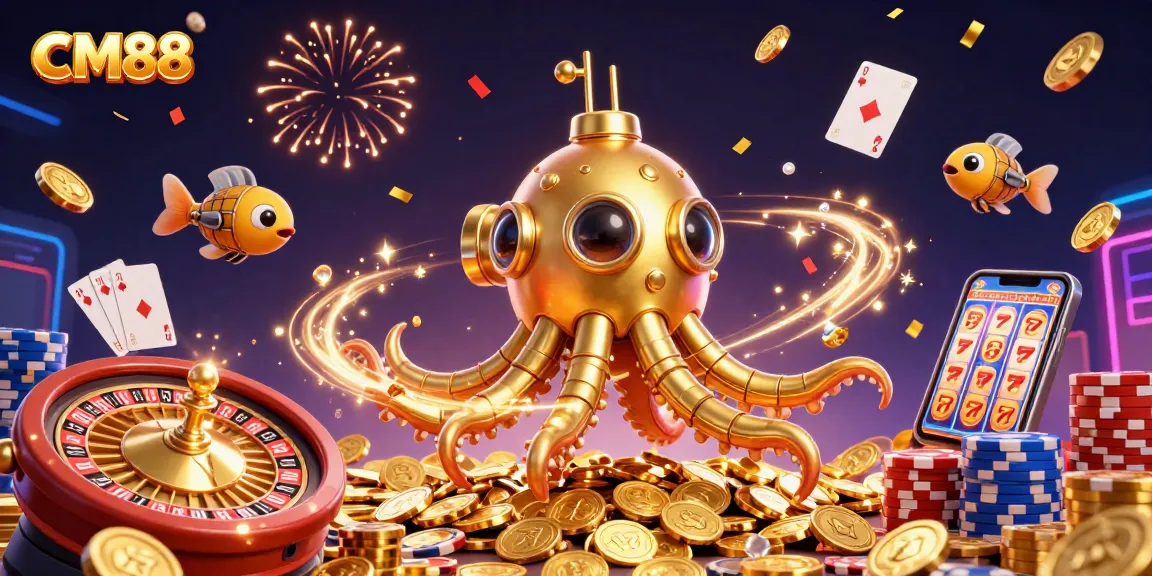 CM88 celebrates winnings with a vibrant 3D depiction of a golden kraken submarine navigating through coins.