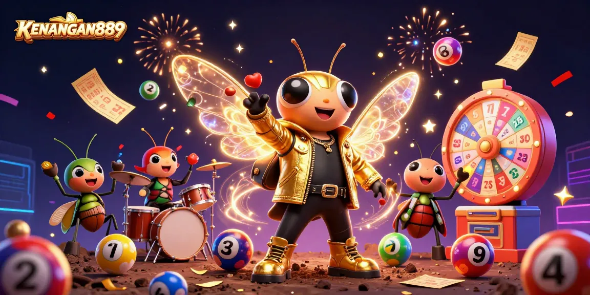 Engage with KENANGAN889 where a cicada rock star performs among vibrant lottery elements and golden tickets.