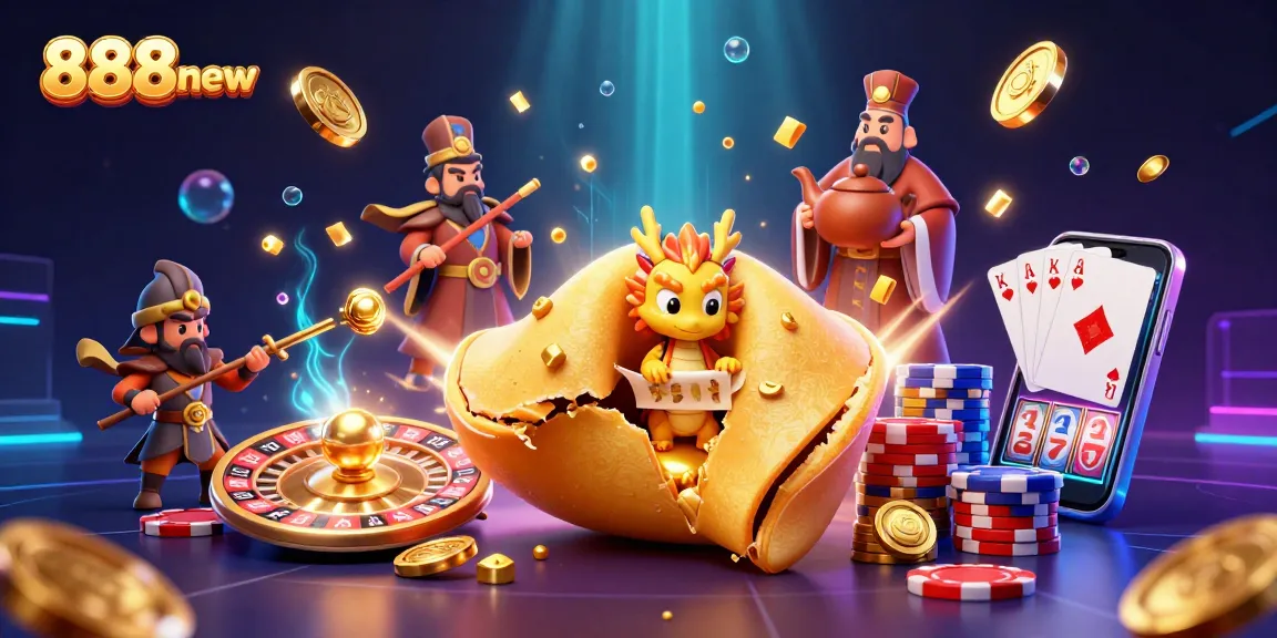 Engage with thrilling games at 888new featuring a dynamic 3D illustration of casino elements and characters.