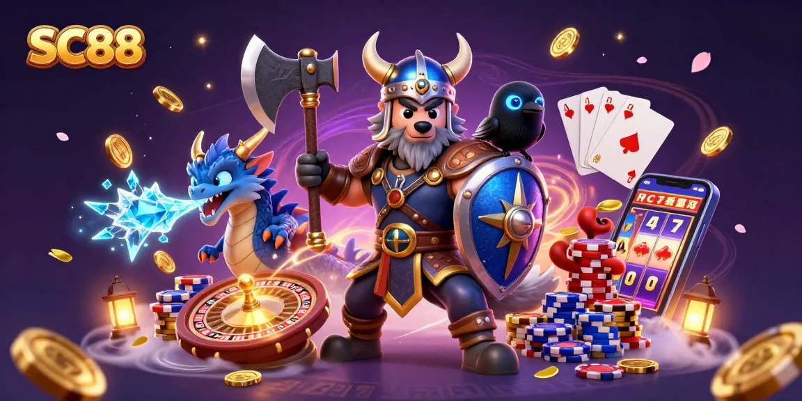 Experience SC88 excitement with a Viking warrior, dragon, and casino elements in a dynamic scene.