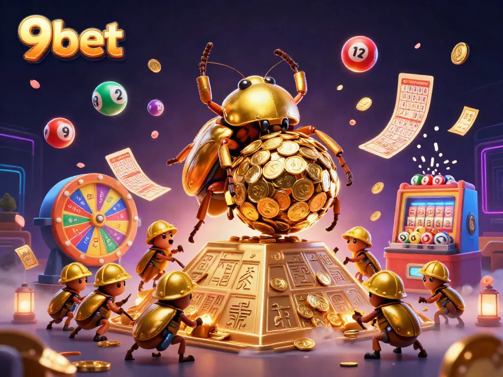 Engage in thrilling 9bet gameplay with immersive 3D casino visuals featuring golden elements and dynamic game symbols.