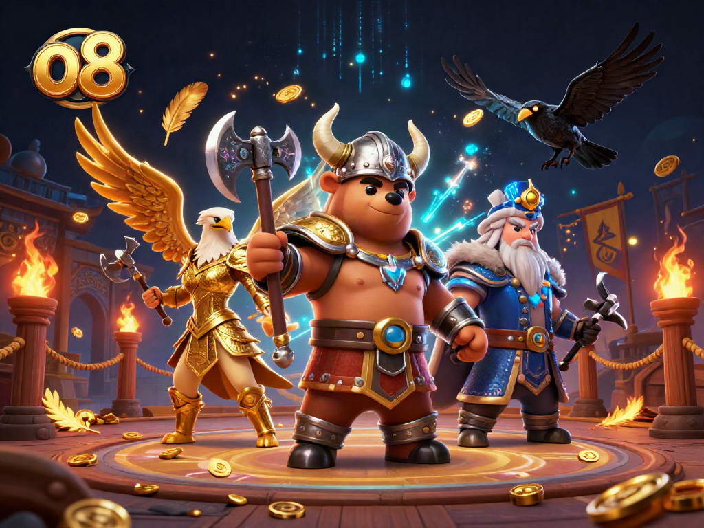 Experience vibrant action at o8 casino with Viking and Valkyrie battling amidst golden tokens and dynamic flames.