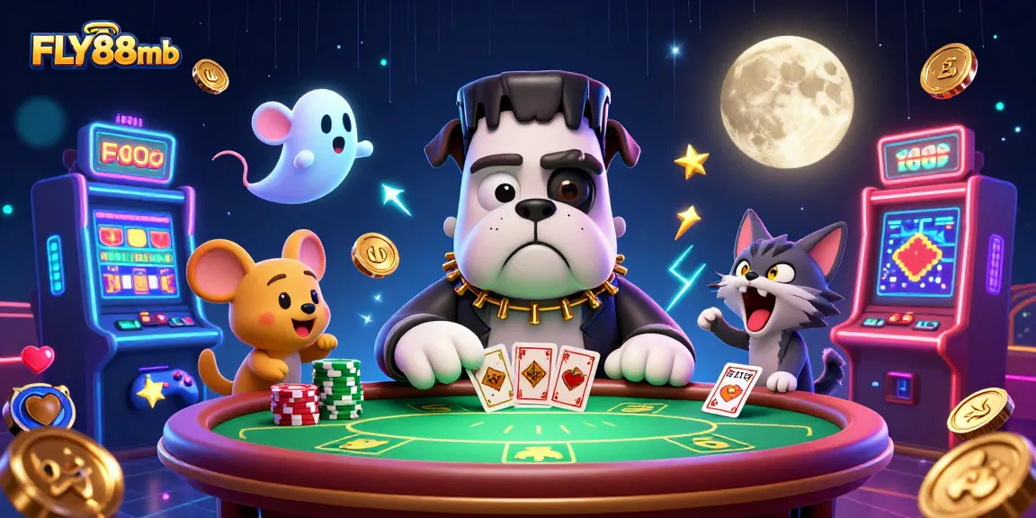 FLY88mb unleashes high-stakes poker action in a spooky casino scene with card-dealing characters.