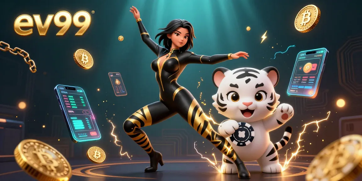 ev99 transforms your gameplay in a vibrant, immersive digital casino scene, complete with cryptocurrency elements.
