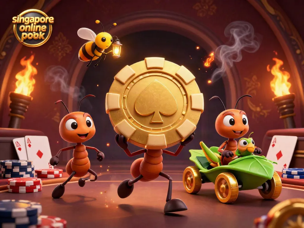 Exciting scene depicting singapore online poker with ants heisting a giant poker chip, surrounded by vibrant gaming elements.