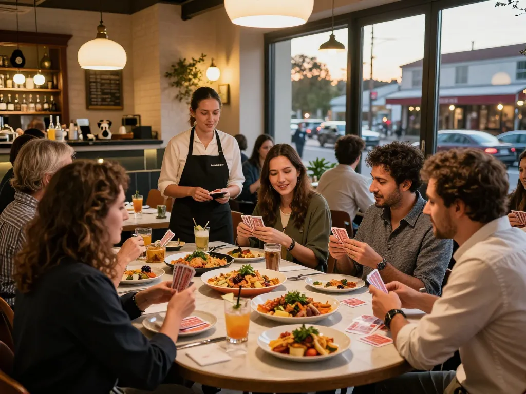 Exciting dining experience at POKERSERI restaurant with guests enjoying delicious food and card games.