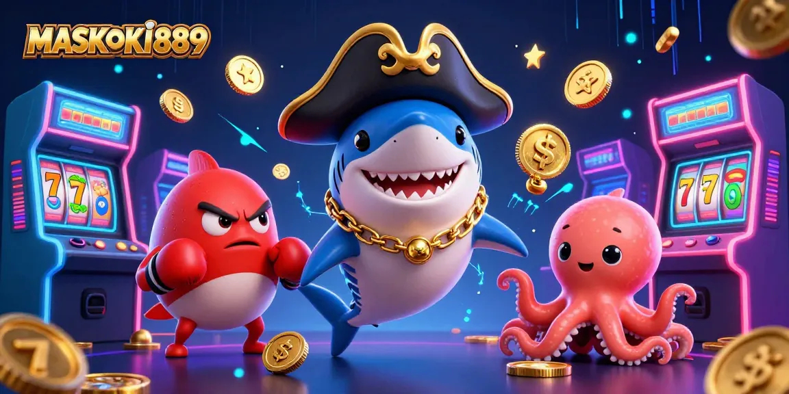 Engage with thrilling gaming dynamics at MASKOKI889, featuring a pirate shark and colorful arcade elements.