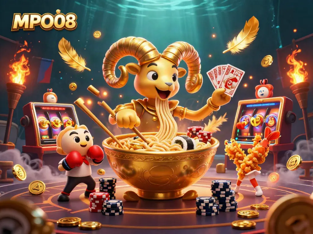 Experience thrilling gaming action with MPO08's vibrant 3D casino scene featuring dynamic characters.