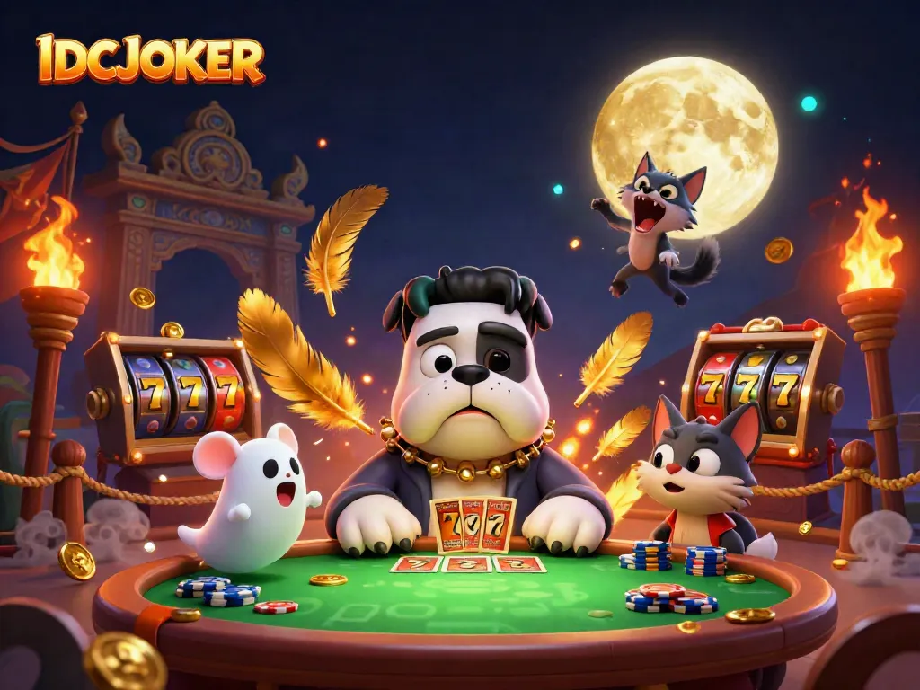 Play cards with IDCJOKER’s spirited characters at a lively casino table.