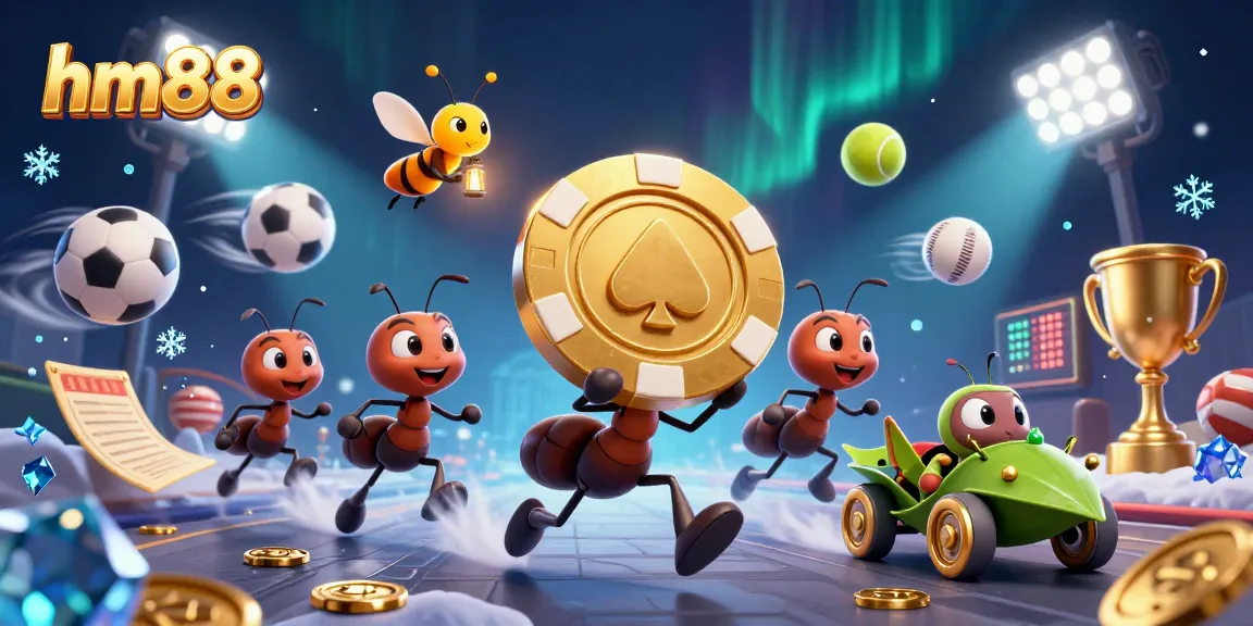hm88 showcases a vibrant scene with animated ants stealing a gigantic poker chip, highlighting sports betting elements.