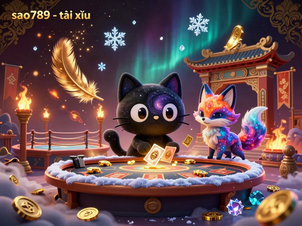 Experience the excitement as sao789 - tài xỉu pulls in golden chips and cards at a cosmic casino.