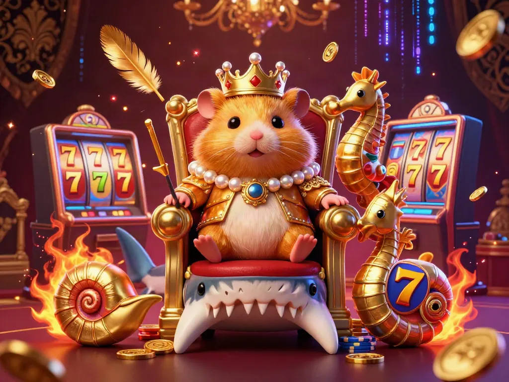 Experience thrilling slot action with a golden hamster king and casino elements in this vibrant illustration.