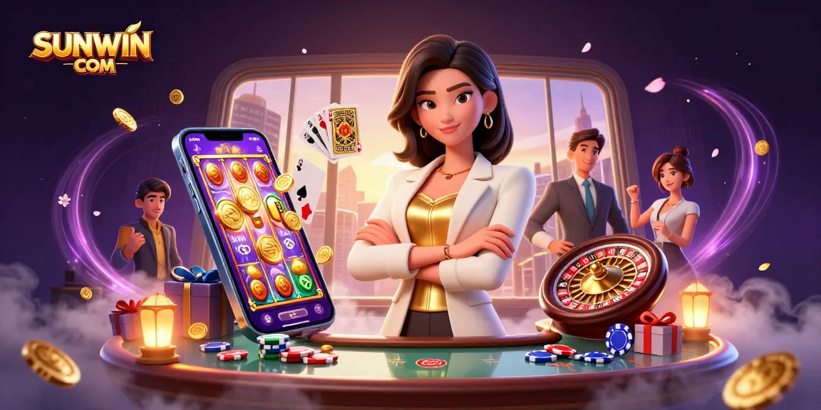 SUNWIN COM showcases an elegant Asian woman holding a golden deck of cards amid a vibrant casino scene.