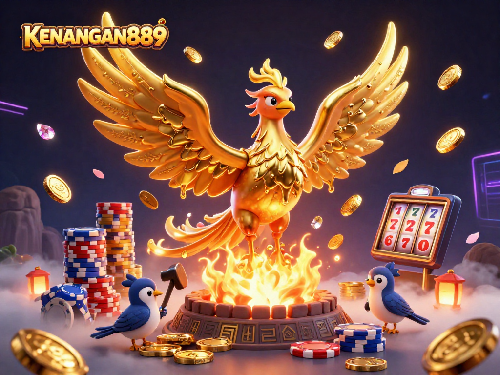 Experience winning thrills with KENANGAN889 as golden coins and shimmering gems cascade in a vibrant casino art.