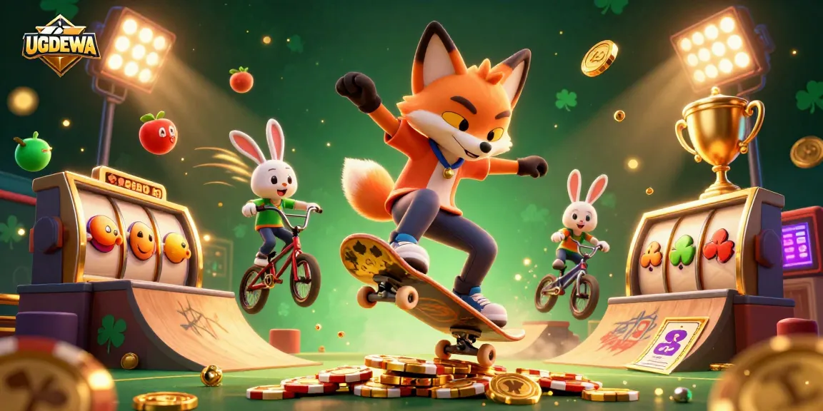 UGDEWA showcases slots in a vibrant 3D casino scene with cartoon animals performing tricks.