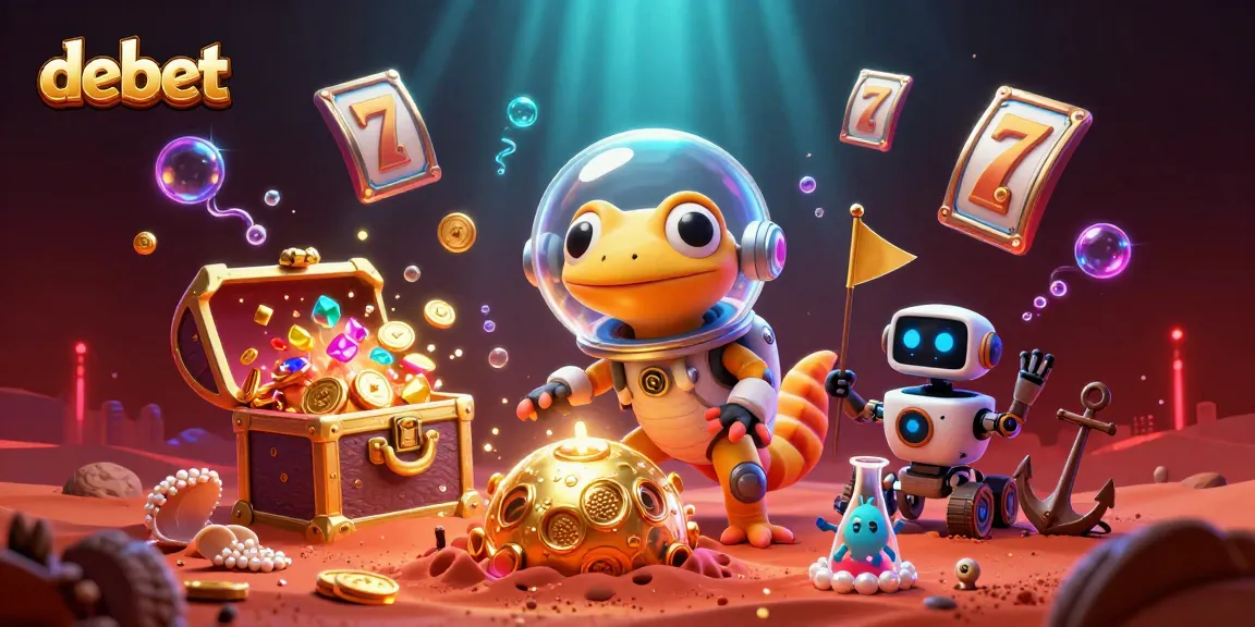 Engaging illustration of the debet casino with Martian gecko and robot celebrating jackpots amidst vibrant gaming elements.