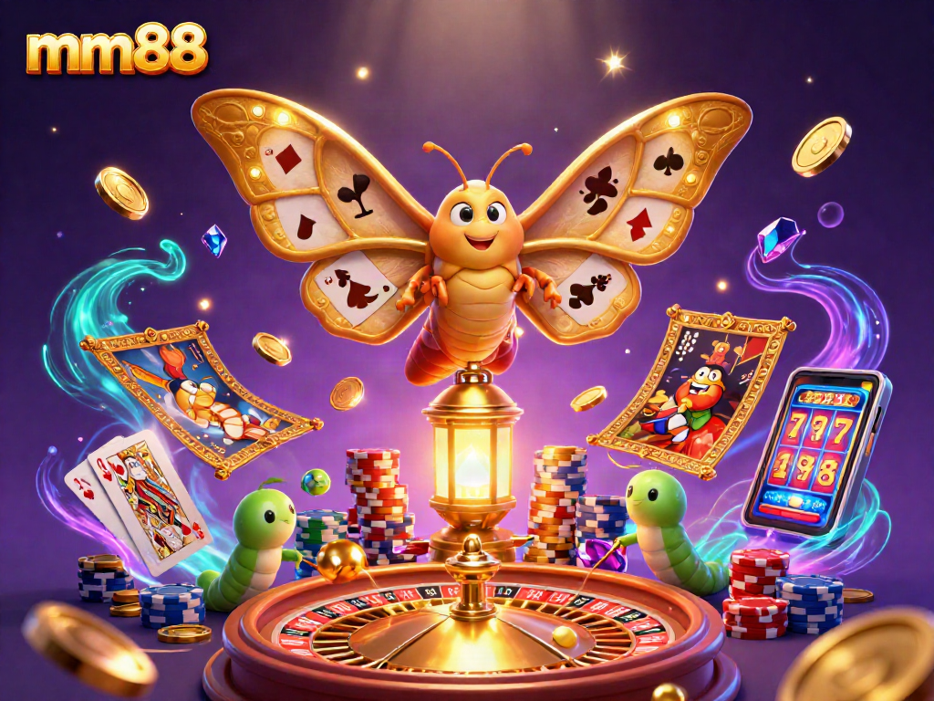Experience thrilling gameplay with mm88 as cascading coins and colorful slots surround a 3D casino scene.