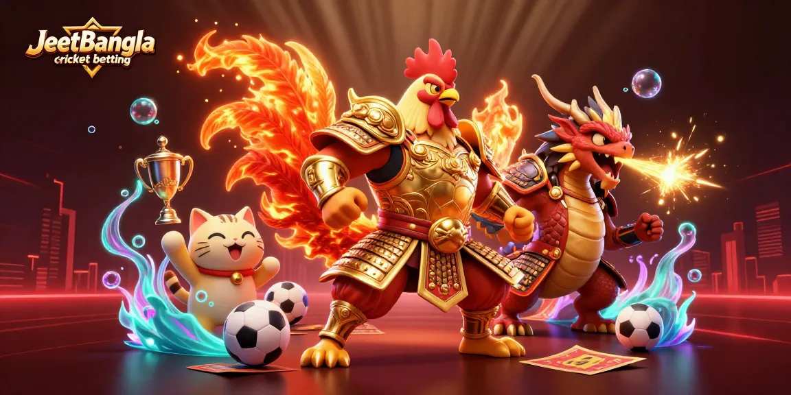 Engage in JeetBangla cricket betting with action-packed visuals of warriors and festive elements.