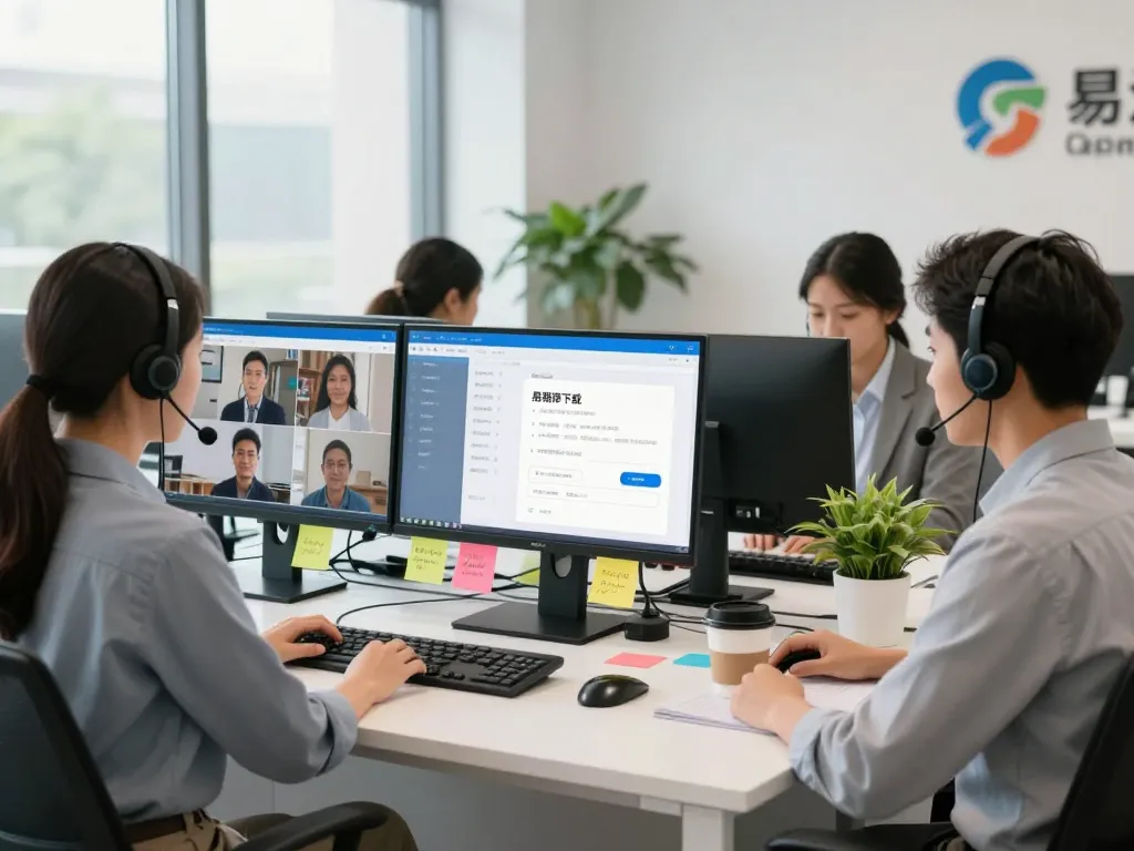 客户服务代表在现代办公室中使用易翻译下载提供多语言支持。