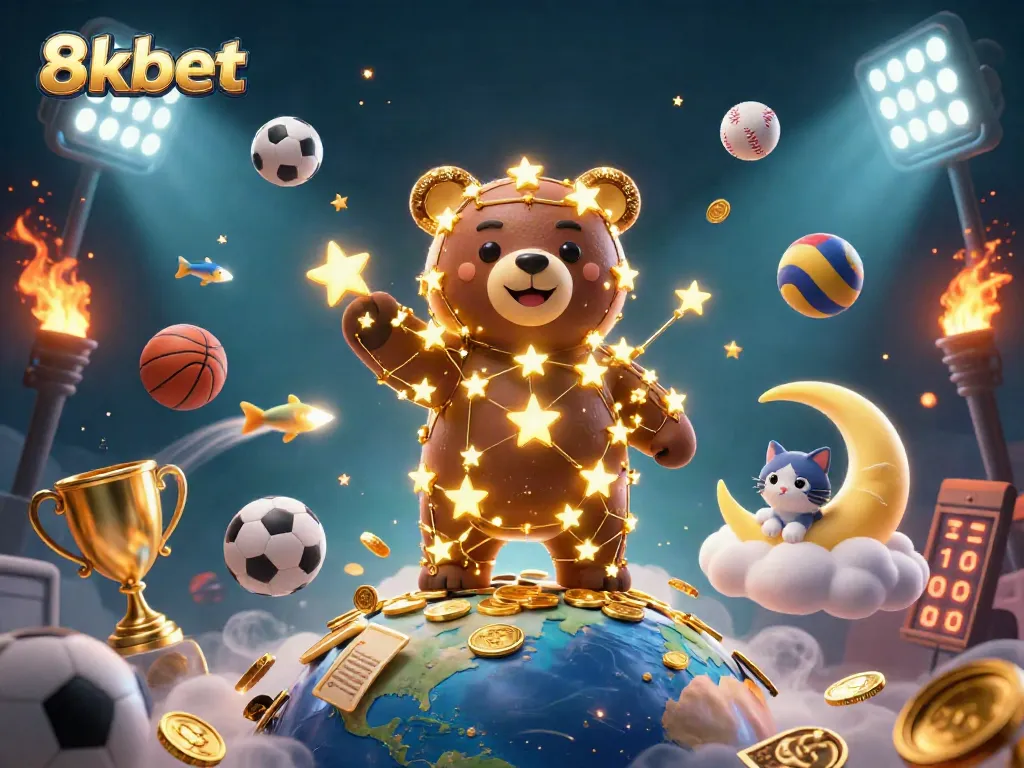 Engage with 8xbet's dynamic sports betting scene as golden stars and sports elements come alive.
