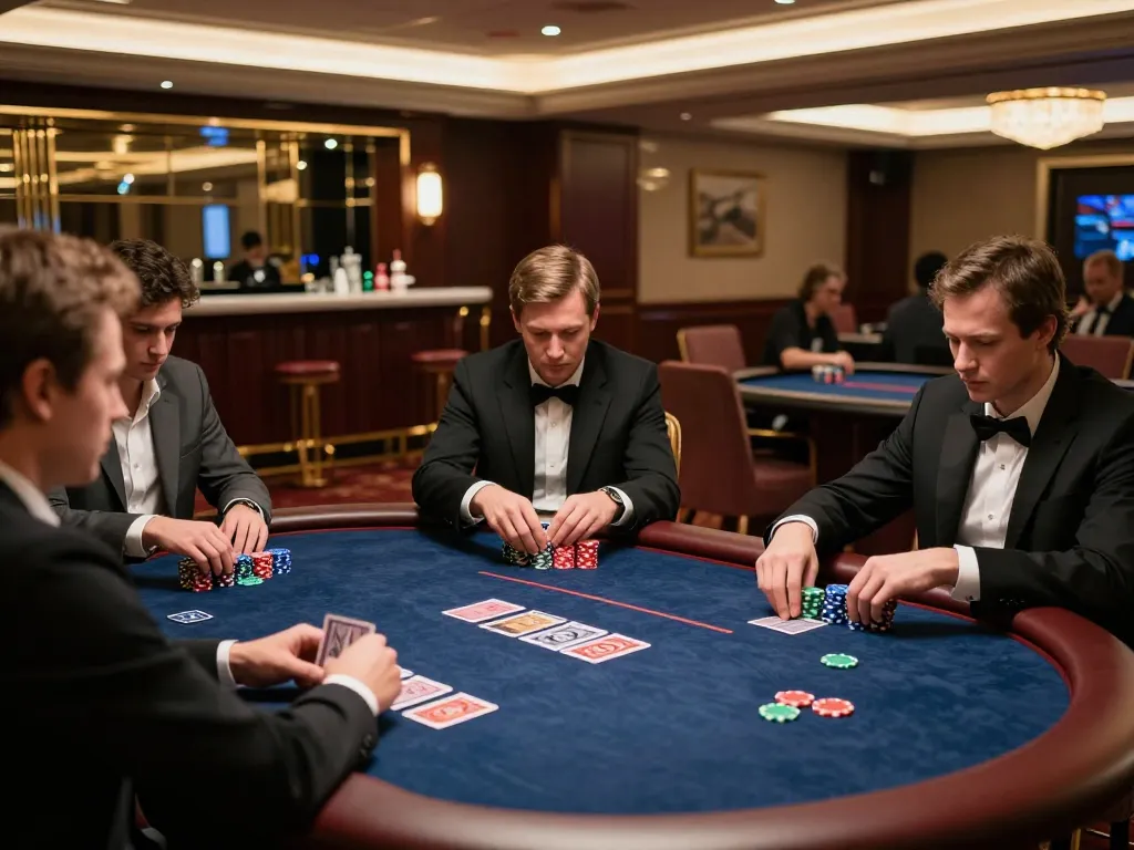 Intense poker gameplay featuring hay88x in a luxurious casino setting with colorful chips and focused players.