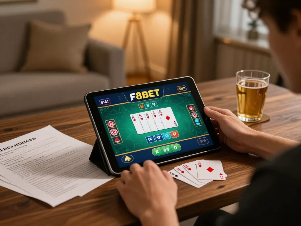Engaging in poker strategy on F8BET tablet with cozy home atmosphere and warm lighting.