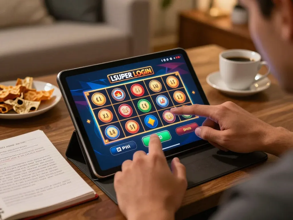 Engaging in slots on LGOSUPER LOGIN with tablet in cozy home, showing a personal gambling experience