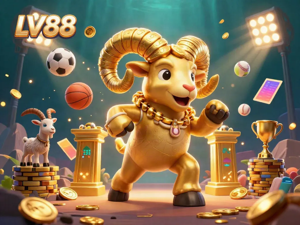 Experience the thrill of LV88 with a dynamic golden ram and sports elements in this exciting casino illustration.