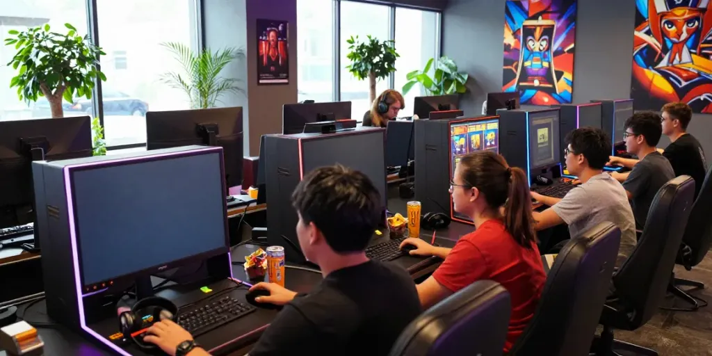 Players enjoying an exhilarating gaming experience at bro138's vibrant online gaming lounge.