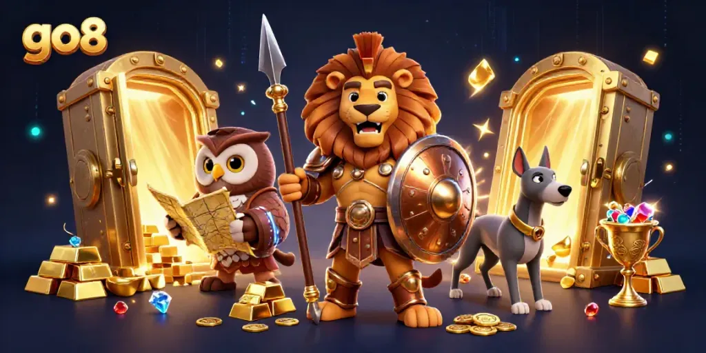 Engage with the thrilling go8 online casino experience featuring a Spartan lion, treasure, and a tactical owl.
