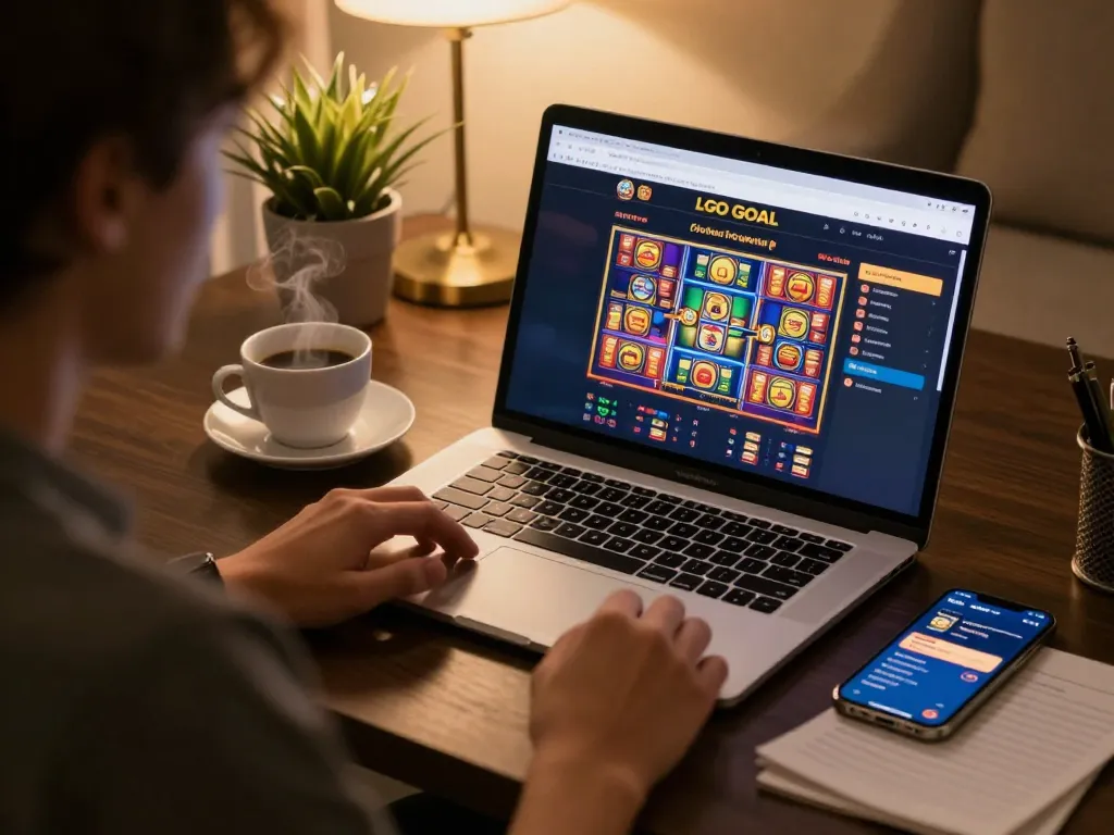 LGO GOAL online platform user engaging in responsible gambling at home, showcasing strategic gameplay.