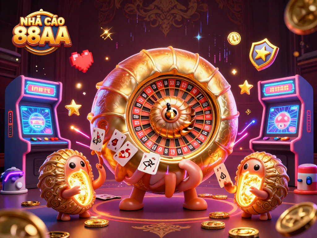 Experience gaming at NHÀ CÁI 88AA with vibrant 3D illustrations of casino elements.