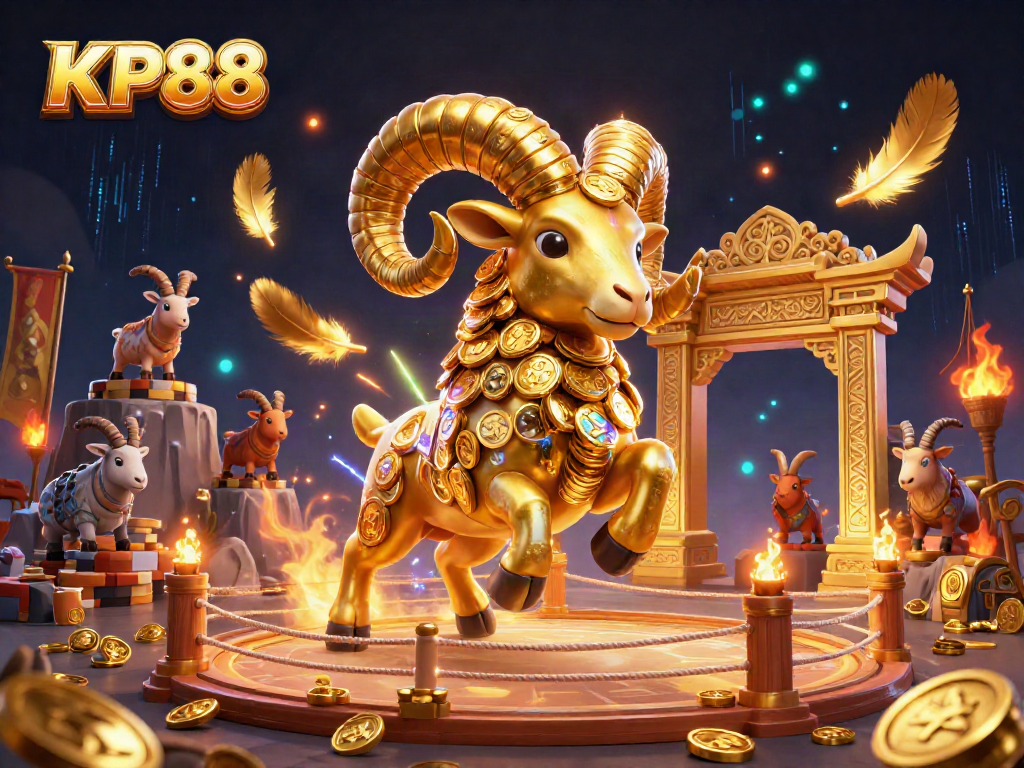 Engage with KP88 in an exhilarating 3D scene featuring a golden ram charging through a vibrant casino arena.