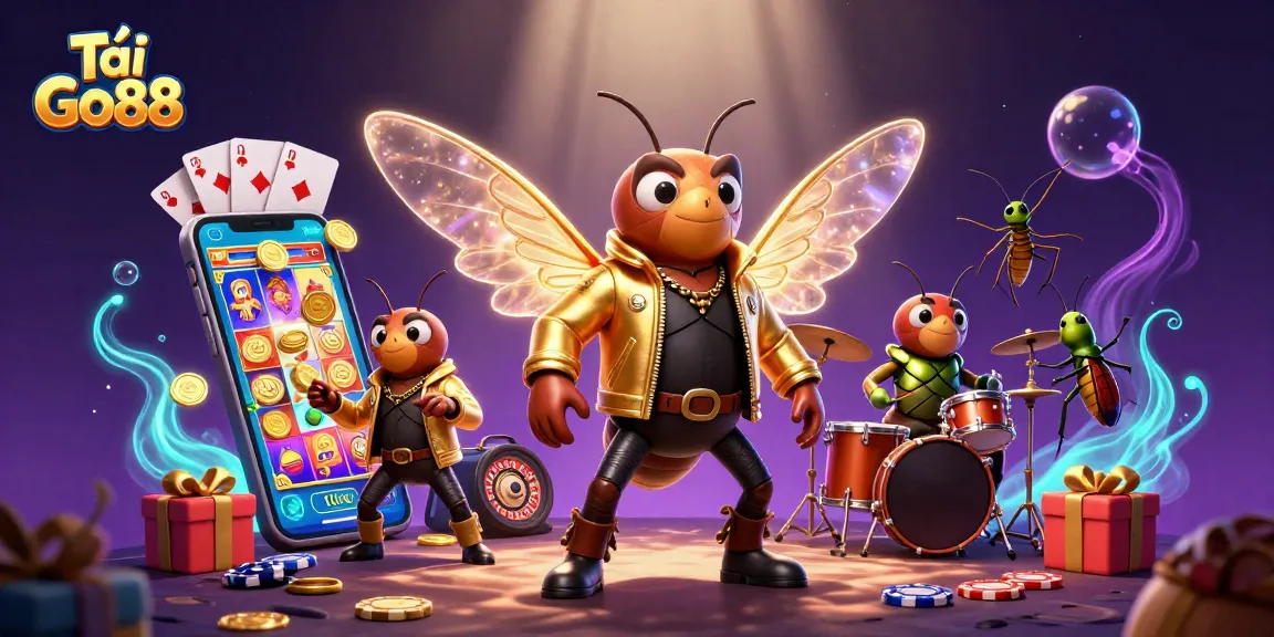 Tải Go88 showcases a vibrant scene with a rock star cicada, dynamic casino elements, and glowing effects.